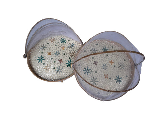 Handmade Bamboo Food Cover with Mesh Net Dome, Round Mother of Pearl Inlay Serving Tray, Large Kitchen Food Protector 18 Inch