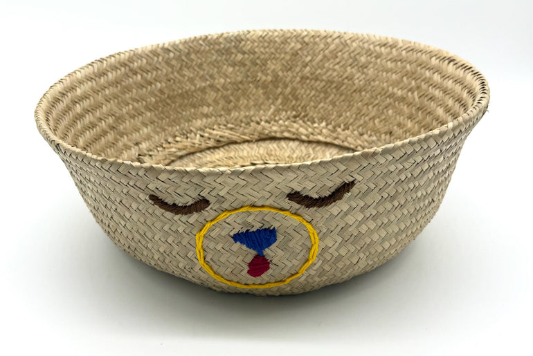 Bear Face Seagrass Storage Basket with Handles, Foldable Woven Laundry Basket, Rustic Home Decor, Nursery Organizer, 13.8in