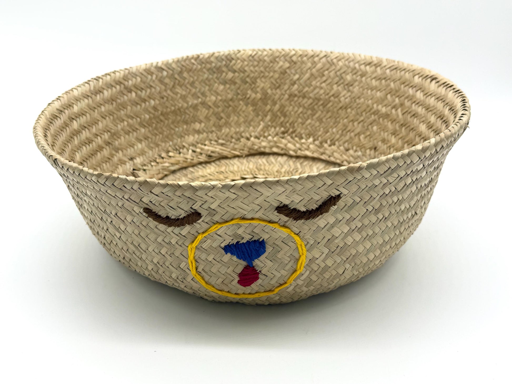 Bear Face Seagrass Storage Basket with Handles, Foldable Woven Laundry Basket, Rustic Home Decor, Nursery Organizer, 13.8in