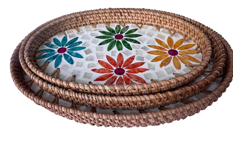 Oval Rattan Tray with Mother of Pearl Inlay – Boho Coffee Table, Ottoman Styling, Serving