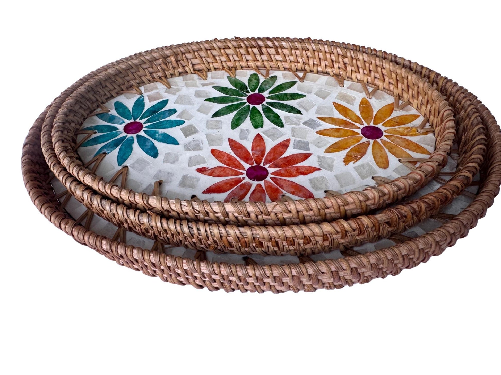 Oval Rattan Tray with Mother of Pearl Inlay – Boho Coffee Table, Ottoman Styling, Serving
