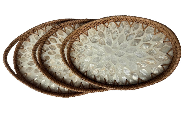 Oval Rattan Tray with Handles and Mother of Pearl Inlay Base, Handmade Woven Serving Tray, Boho Home Decor, Handmade Vietnam