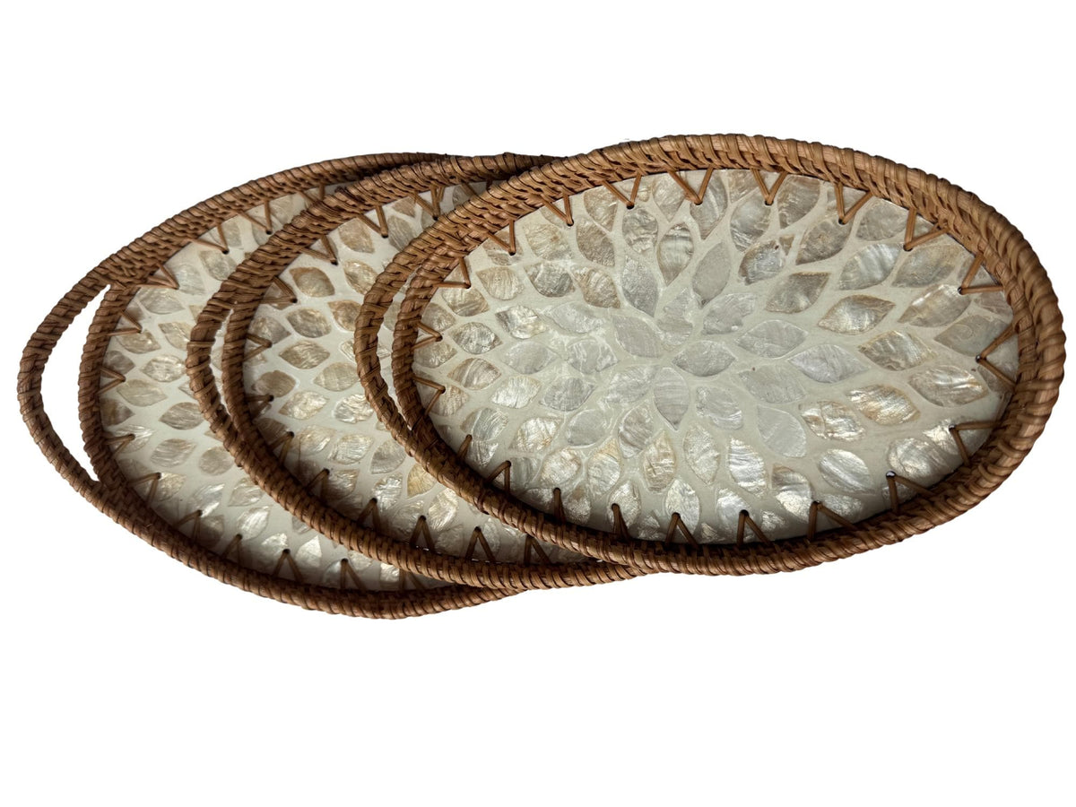 Oval Rattan Tray with Handles and Mother of Pearl Inlay Base, Handmade Woven Serving Tray, Boho Home Decor, Handmade Vietnam