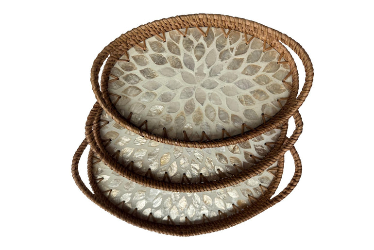 Oval Rattan Tray with Handles and Mother of Pearl Inlay Base, Handmade Woven Serving Tray, Boho Home Decor, Handmade Vietnam