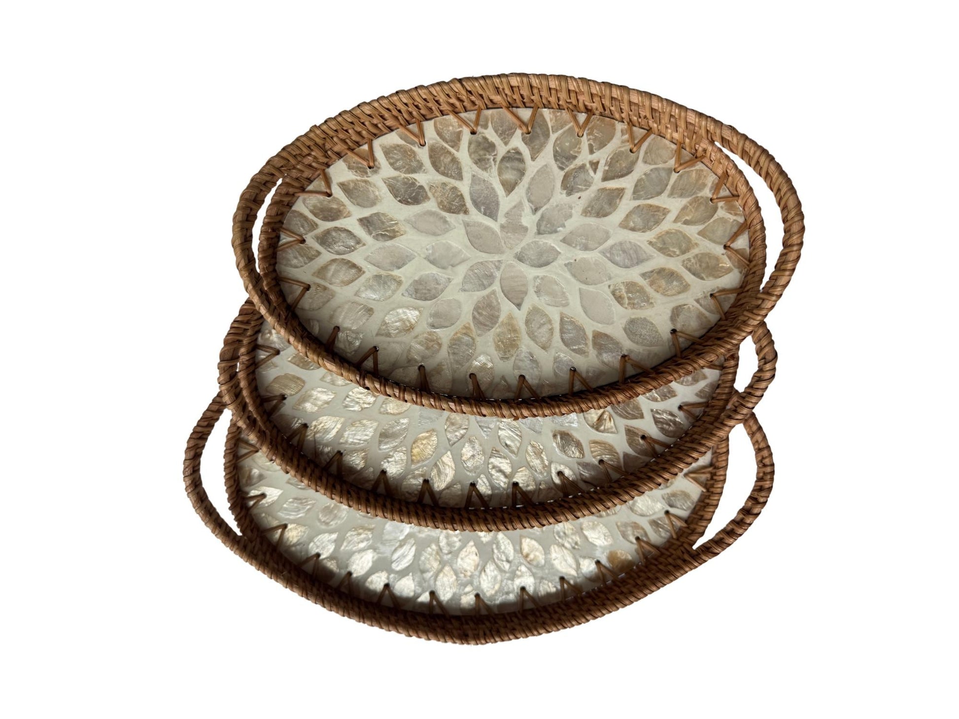 Oval Rattan Tray with Handles and Mother of Pearl Inlay Base, Handmade Woven Serving Tray, Boho Home Decor, Handmade Vietnam