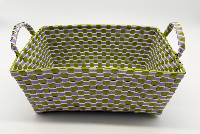 Handwoven Plastic Storage Basket with Handles, Woven Organizer Bin, Multi Size Basket for Toy Laundry Bathroom Nursery Storage