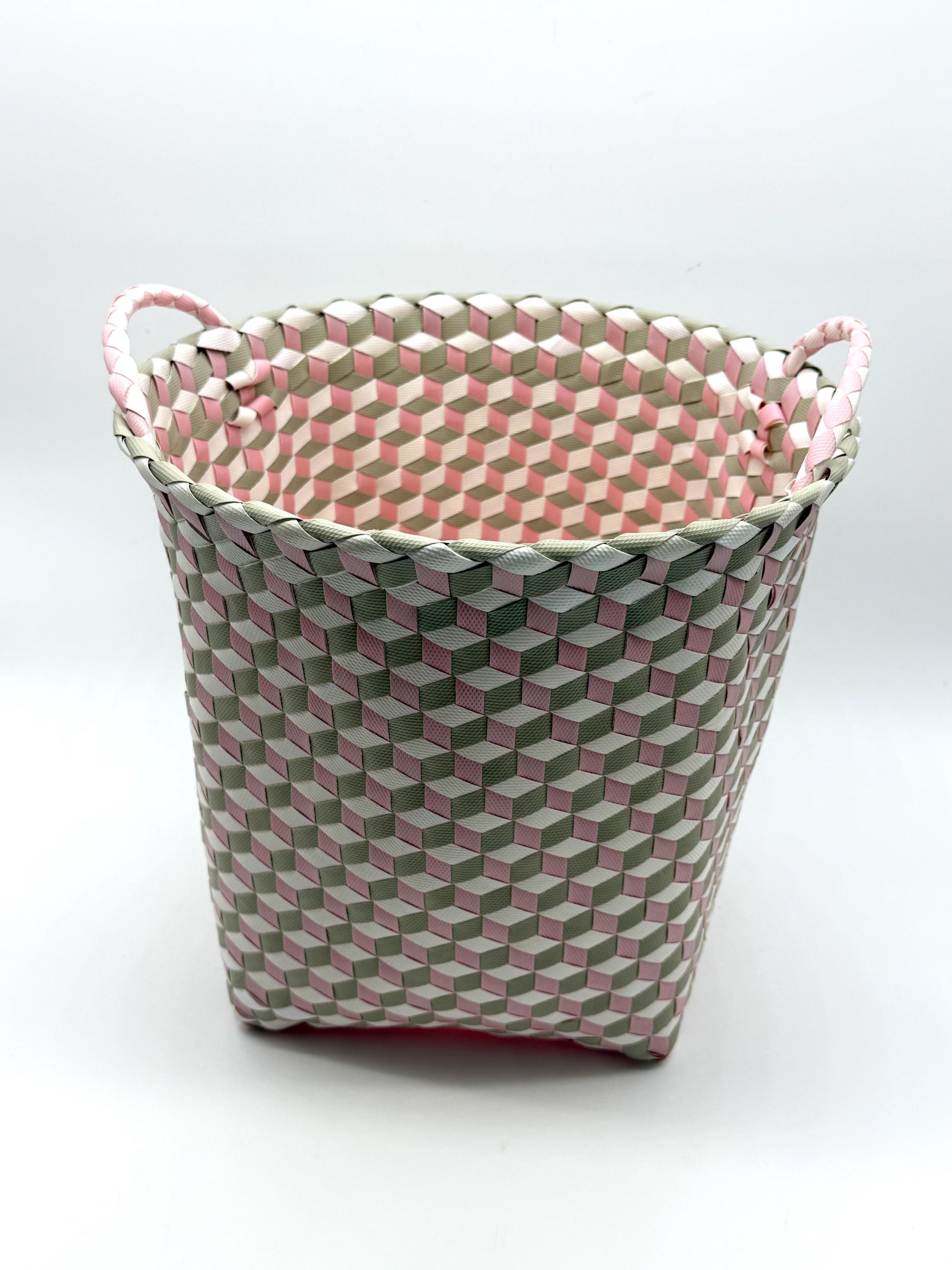 3D Woven Plastic Storage Basket with Handles, Handmade Laundry Basket, Decorative Organizer Bin for Toys Bathroom Nursery
