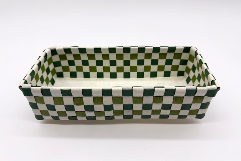 Compact Checkered Woven Tray, Narrow Guest Towel Holder, Handy Plastic Vanity Tray, Space-Saving Silverware Basket, Small Desk Catchall