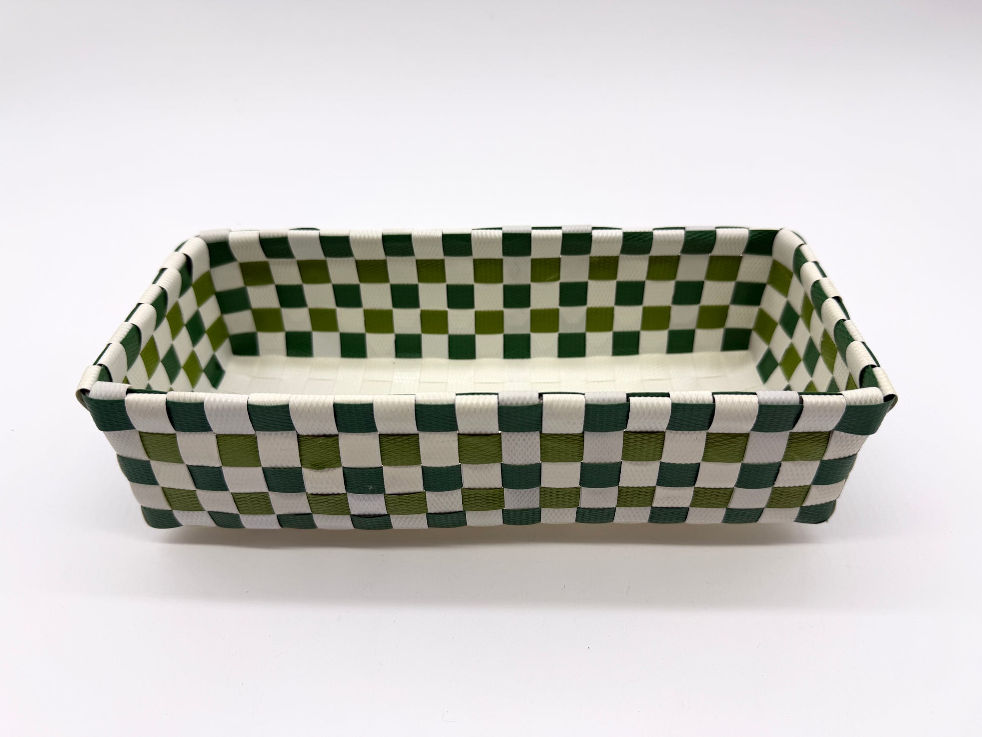 Compact Checkered Woven Tray, Narrow Guest Towel Holder, Handy Plastic Vanity Tray, Space-Saving Silverware Basket, Small Desk Catchall