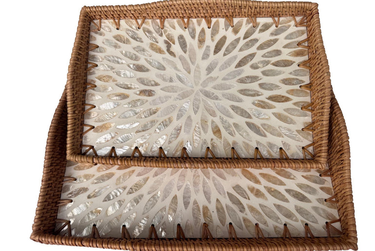 Scalloped Edge Rattan Rectangular Tray with Mother of Pearl Inlay – Handmade Decorative Serving Tray, Natural Woven Tray, Coffee Table Decor