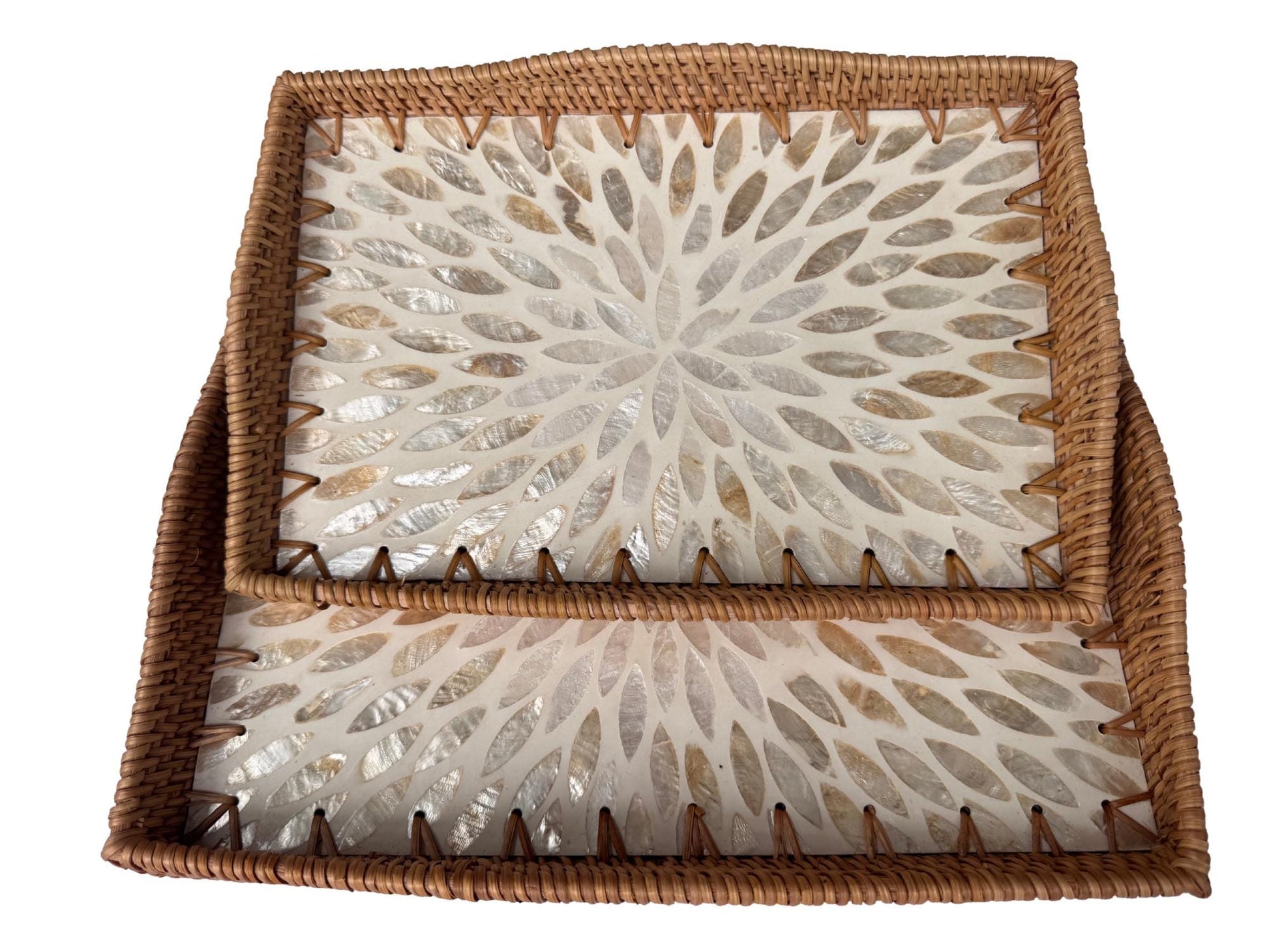 Scalloped Edge Rattan Rectangular Tray with Mother of Pearl Inlay – Handmade Decorative Serving Tray, Natural Woven Tray, Coffee Table Decor