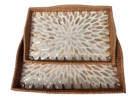 Scalloped Edge Rattan Rectangular Tray with Mother of Pearl Inlay – Handmade Decorative Serving Tray, Natural Woven Tray, Coffee Table Decor