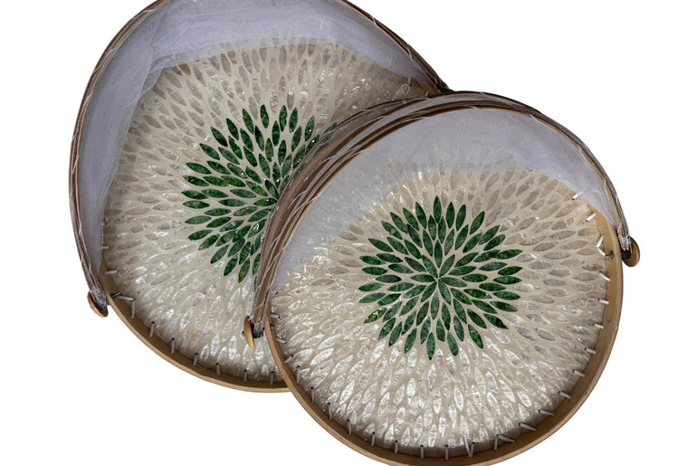 Bamboo Food Cover with Mother of Pearl Tray, Foldable Mesh Food Tent, Handmade Serving Tray, Fruit Cover, Kitchen Decor