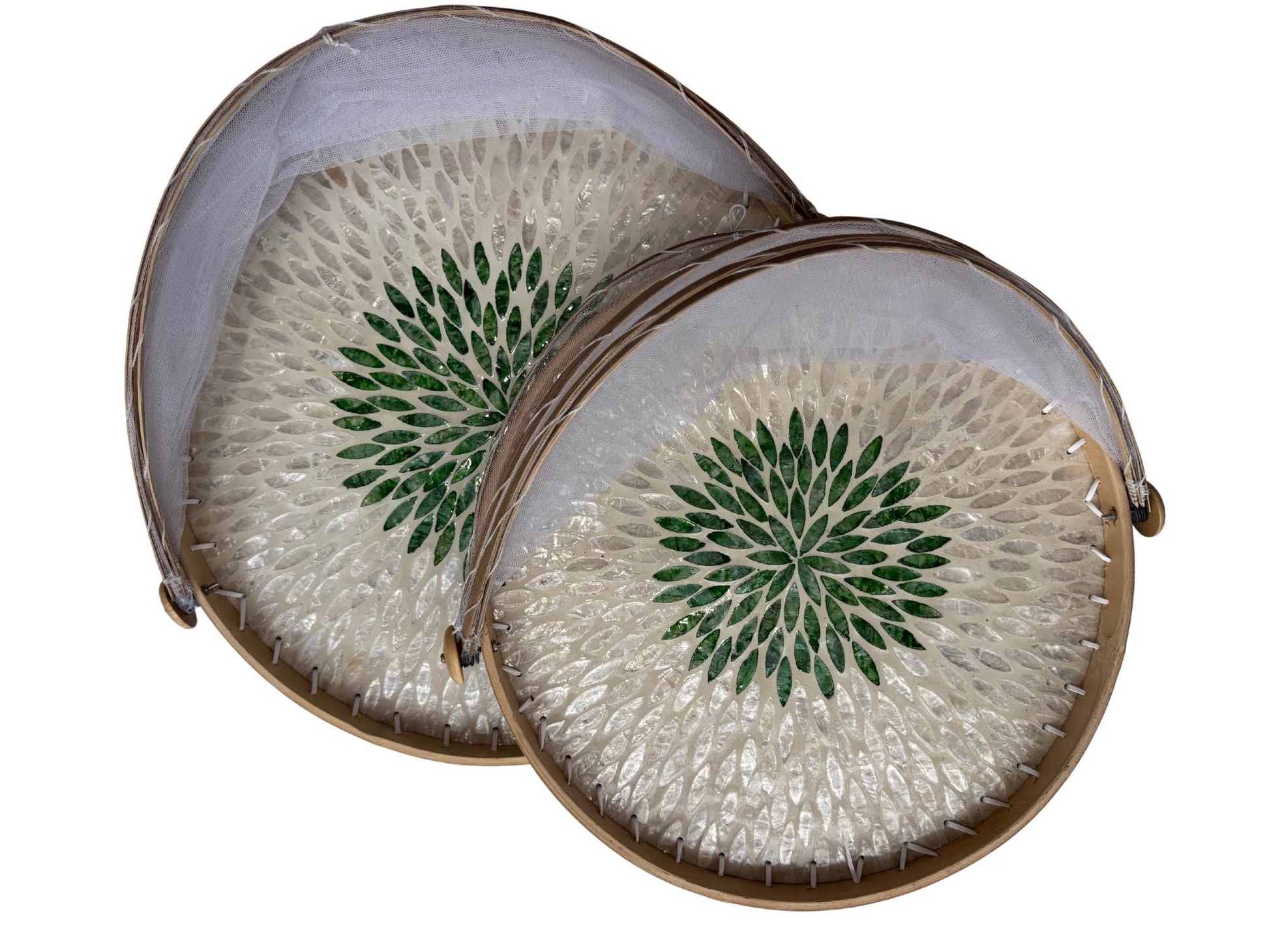 Bamboo Food Cover with Mother of Pearl Tray, Foldable Mesh Food Tent, Handmade Serving Tray, Fruit Cover, Kitchen Decor