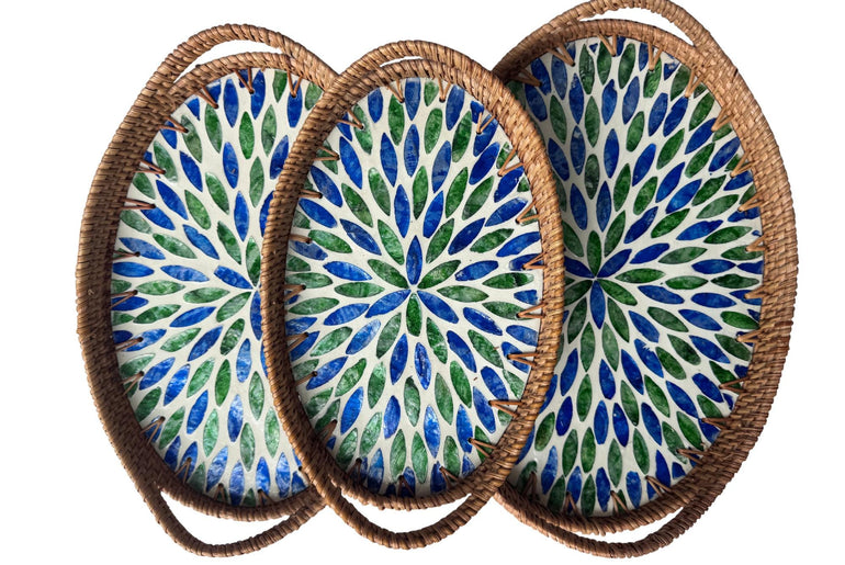 Oval Rattan Tray with Handles and Mother of Pearl Inlay Base, Handmade Woven Serving Tray, Boho Home Decor, Handmade Vietnam