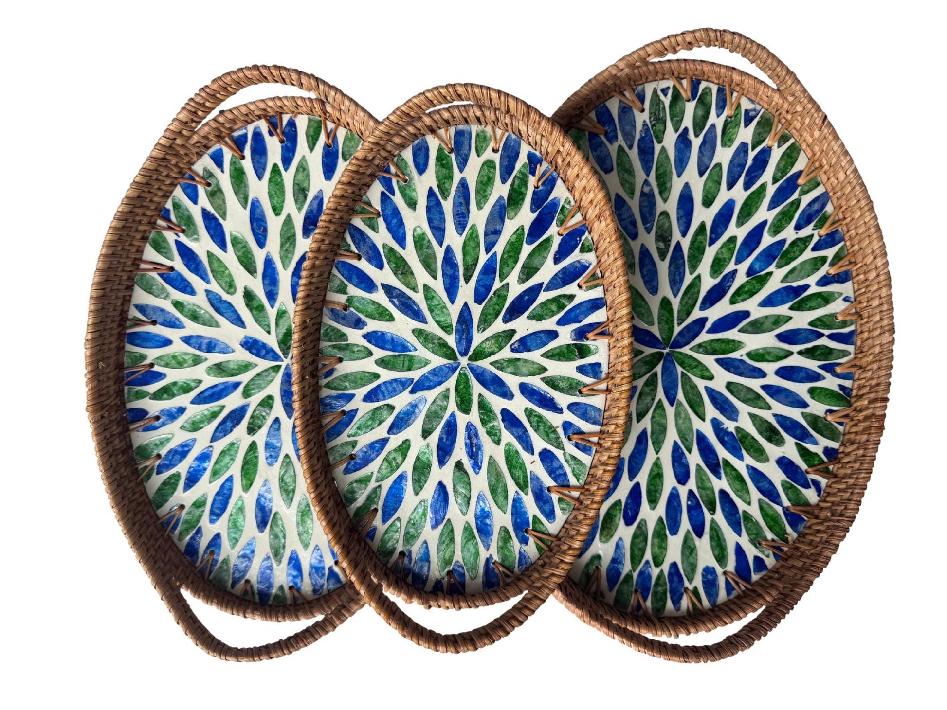 Oval Rattan Tray with Handles and Mother of Pearl Inlay Base, Handmade Woven Serving Tray, Boho Home Decor, Handmade Vietnam