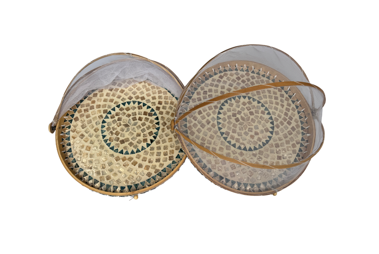 Handmade Bamboo Food Cover with Mesh Net Dome, Round Mother of Pearl Inlay Serving Tray, Large Kitchen Food Protector 18 Inch