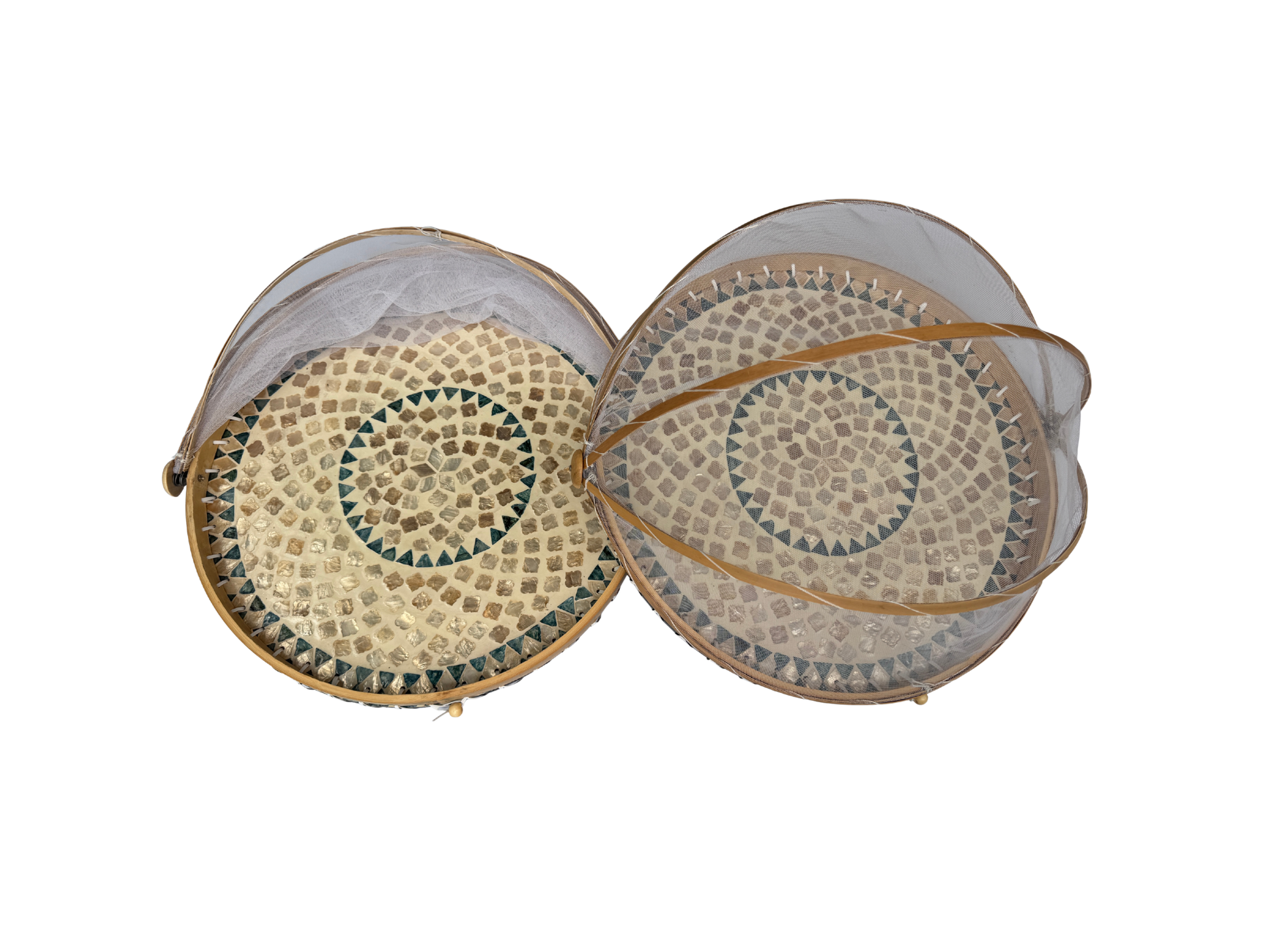 Handmade Bamboo Food Cover with Mesh Net Dome, Round Mother of Pearl Inlay Serving Tray, Large Kitchen Food Protector 18 Inch