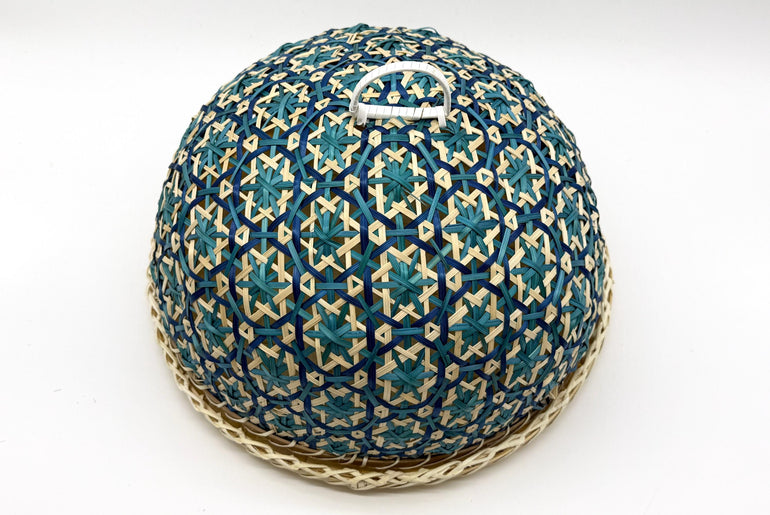 Blue Floral Bamboo Food Cover with Tray, Round Food Dome, Handwoven Fruit Cover, Picnic Serving Tent, 13in