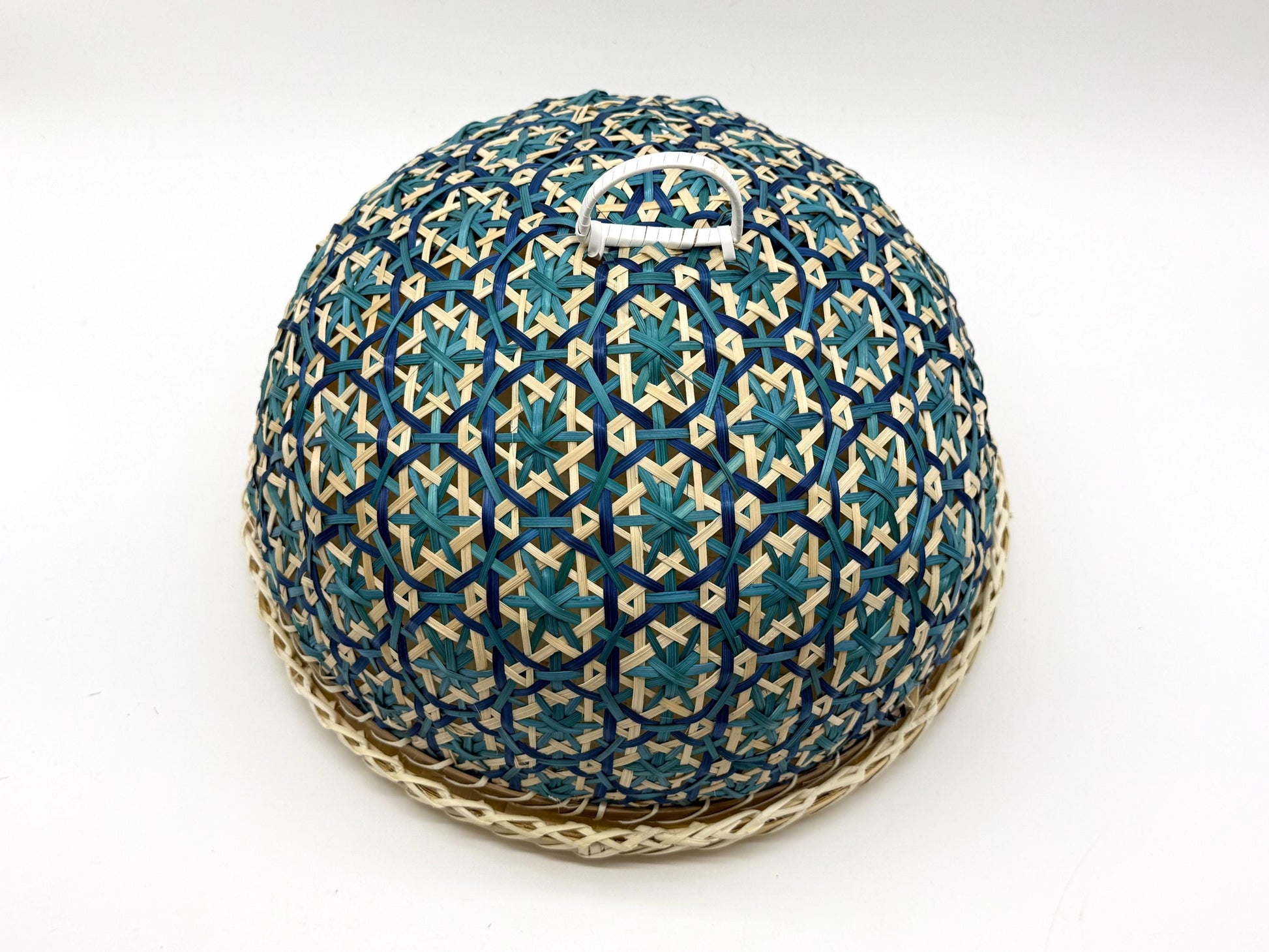 Blue Floral Bamboo Food Cover with Tray, Round Food Dome, Handwoven Fruit Cover, Picnic Serving Tent, 13in