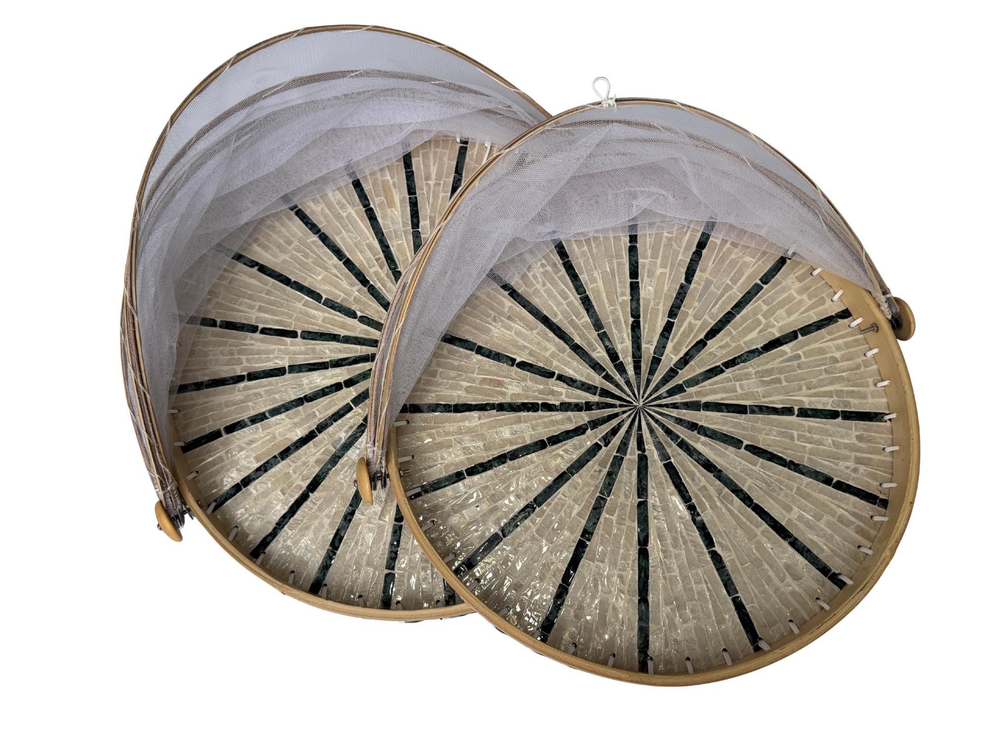 Bamboo Food Cover with Mother of Pearl Tray, Foldable Mesh Food Tent, Handmade Serving Tray, Fruit Cover, Kitchen Decor