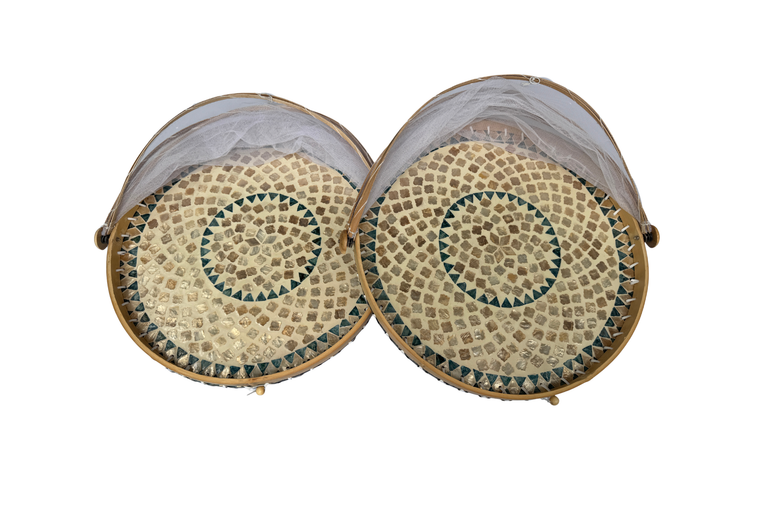 Handmade Bamboo Food Cover with Mesh Net Dome, Round Mother of Pearl Inlay Serving Tray, Large Kitchen Food Protector 18 Inch