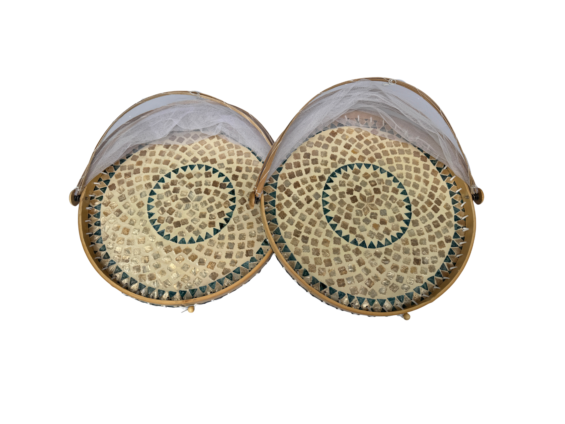 Handmade Bamboo Food Cover with Mesh Net Dome, Round Mother of Pearl Inlay Serving Tray, Large Kitchen Food Protector 18 Inch