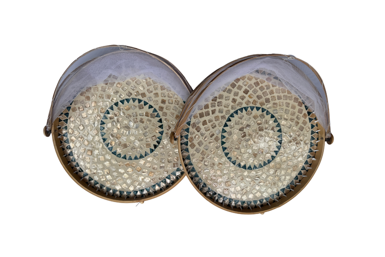 Handmade Bamboo Food Cover with Mesh Net Dome, Round Mother of Pearl Inlay Serving Tray, Large Kitchen Food Protector 18 Inch