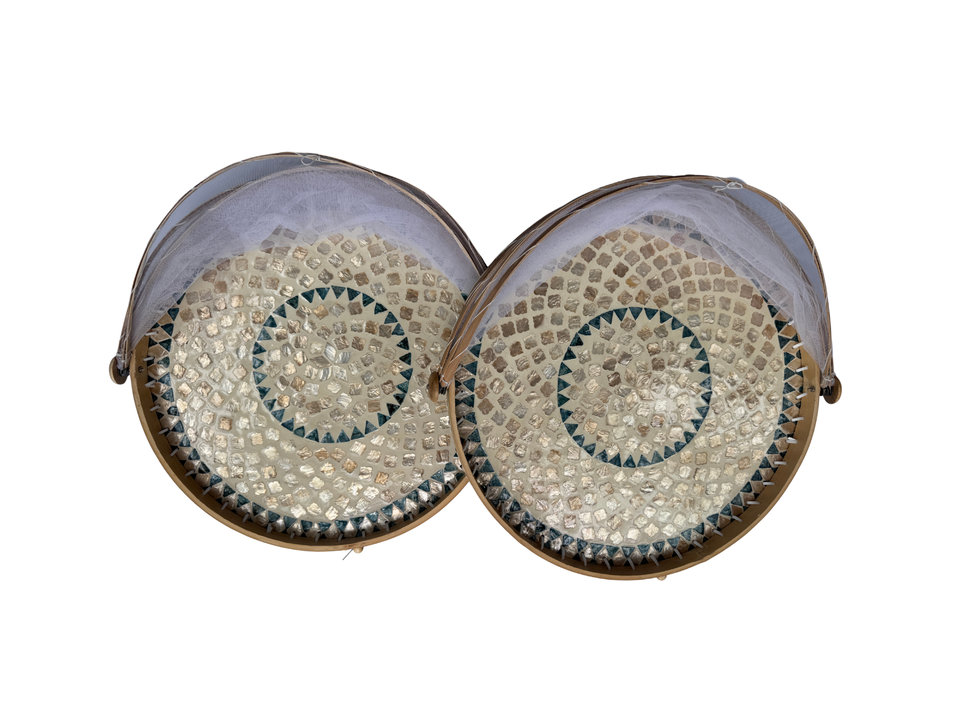 Handmade Bamboo Food Cover with Mesh Net Dome, Round Mother of Pearl Inlay Serving Tray, Large Kitchen Food Protector 18 Inch