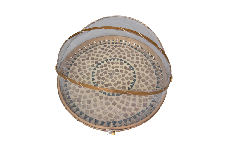 Handmade Bamboo Food Cover with Mesh Net Dome, Round Mother of Pearl Inlay Serving Tray, Large Kitchen Food Protector 18 Inch
