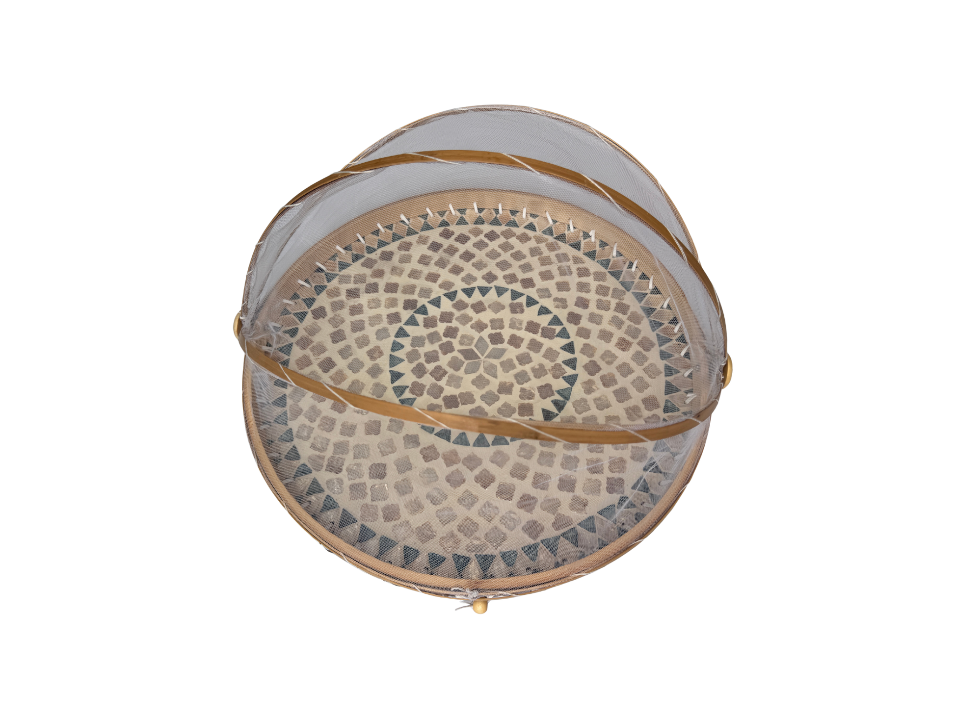 Handmade Bamboo Food Cover with Mesh Net Dome, Round Mother of Pearl Inlay Serving Tray, Large Kitchen Food Protector 18 Inch