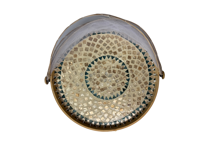 Handmade Bamboo Food Cover with Mesh Net Dome, Round Mother of Pearl Inlay Serving Tray, Large Kitchen Food Protector 18 Inch