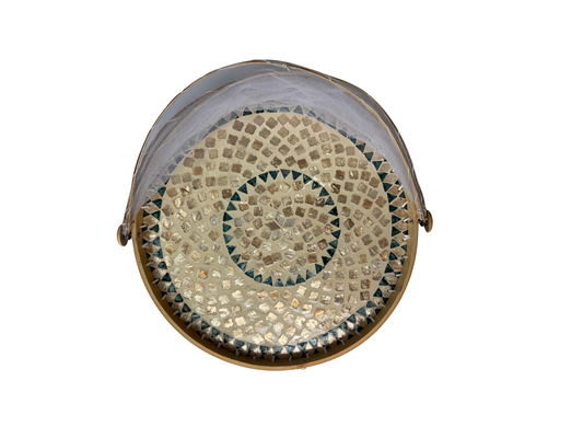 Handmade Bamboo Food Cover with Mesh Net Dome, Round Mother of Pearl Inlay Serving Tray, Large Kitchen Food Protector 18 Inch