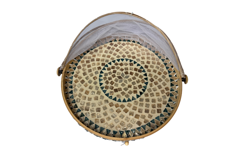 Handmade Bamboo Food Cover with Mesh Net Dome, Round Mother of Pearl Inlay Serving Tray, Large Kitchen Food Protector 18 Inch