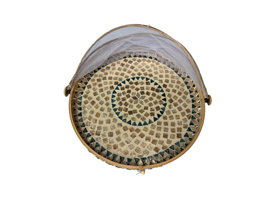 Handmade Bamboo Food Cover with Mesh Net Dome, Round Mother of Pearl Inlay Serving Tray, Large Kitchen Food Protector 18 Inch