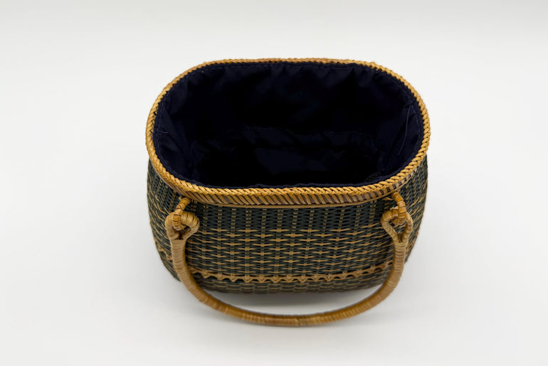 Small Bamboo Basket Handbag, Handmade Rattan Purse with Fabric Lining, Woven Summer Tote Bag, Boho Shoulder Bag, 7.1x3.5x12.2in