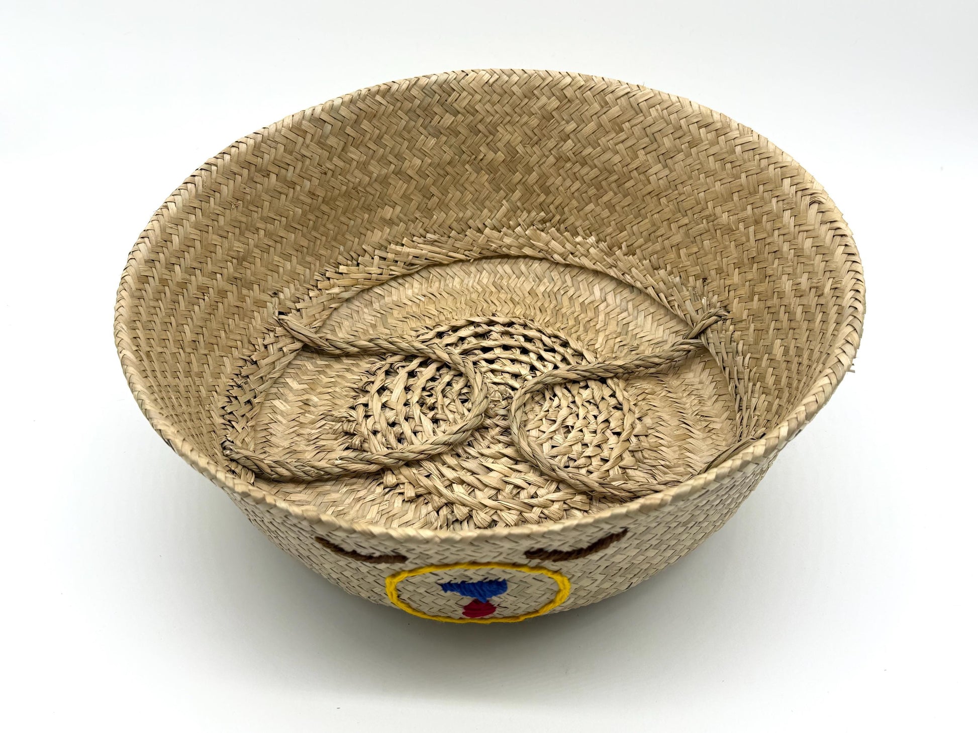 Bear Face Seagrass Storage Basket with Handles, Foldable Woven Laundry Basket, Rustic Home Decor, Nursery Organizer, 13.8in