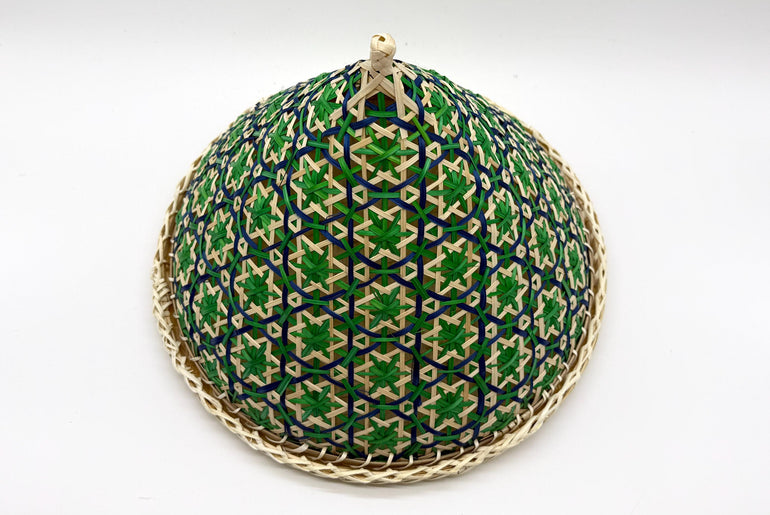 Handwoven Bamboo Food Cover with Tray, Floral Mesh Food Tent, Fly Protection Cover for Fruit, Picnic Serving Dome, 13in