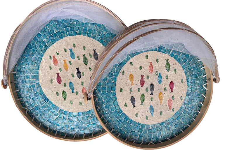 Bamboo Food Cover with Mother of Pearl Tray, Foldable Mesh Food Tent, Handmade Serving Tray, Fruit Cover, Kitchen Decor