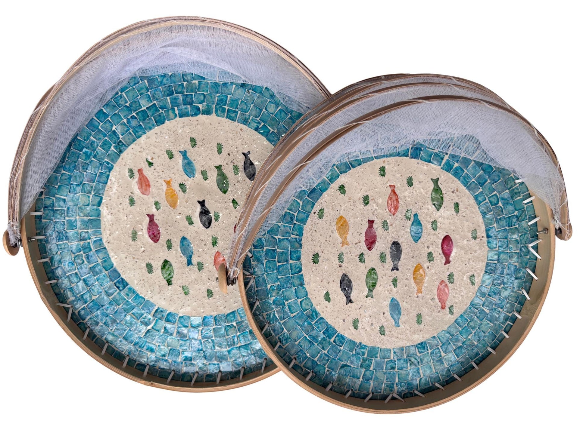 Bamboo Food Cover with Mother of Pearl Tray, Foldable Mesh Food Tent, Handmade Serving Tray, Fruit Cover, Kitchen Decor