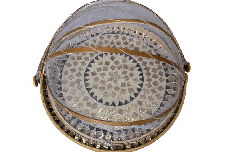 Bamboo Food Cover with Mother of Pearl Tray, Foldable Mesh Food Tent, Handmade Serving Tray, Fruit Cover, Kitchen Decor