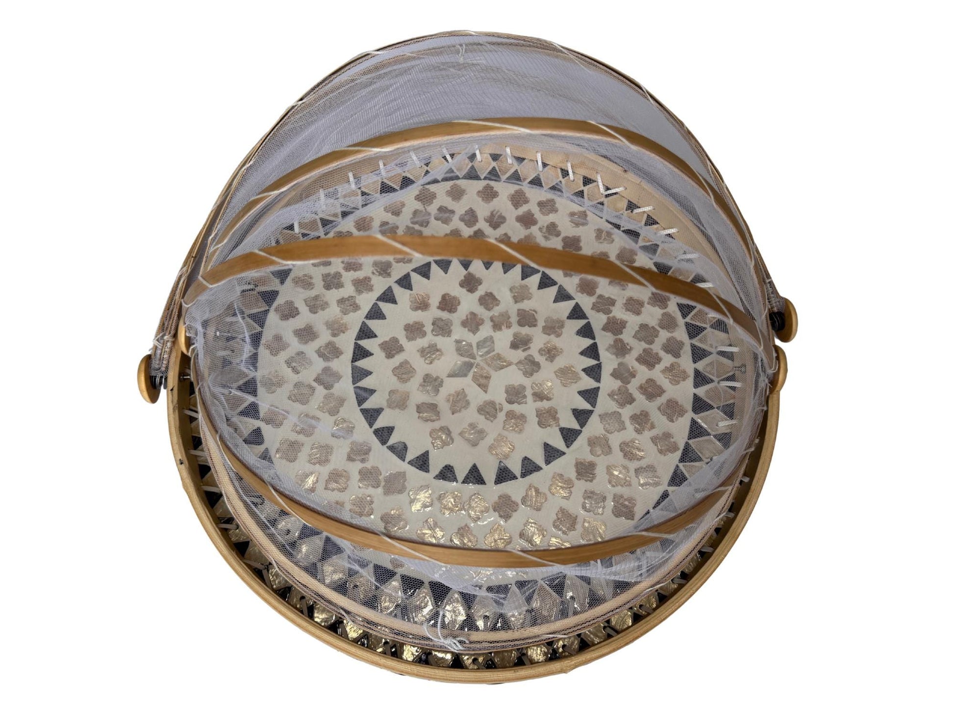Bamboo Food Cover with Mother of Pearl Tray, Foldable Mesh Food Tent, Handmade Serving Tray, Fruit Cover, Kitchen Decor