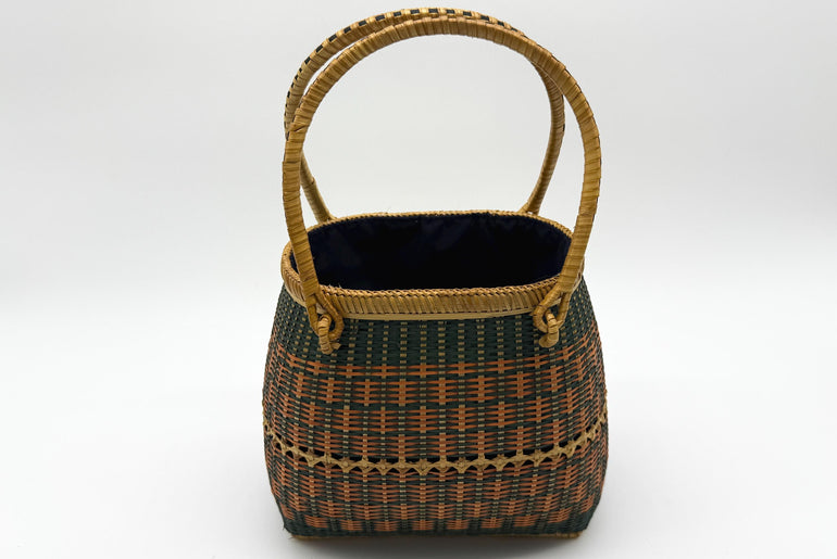 Small Bamboo Basket Handbag, Handmade Rattan Purse with Fabric Lining, Woven Summer Tote Bag, Boho Shoulder Bag, 7.1x3.5x12.2in