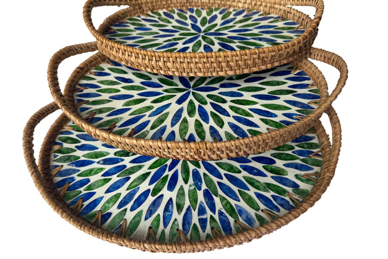 Oval Rattan Tray with Handles and Mother of Pearl Inlay Base, Handmade Woven Serving Tray, Boho Home Decor, Handmade Vietnam