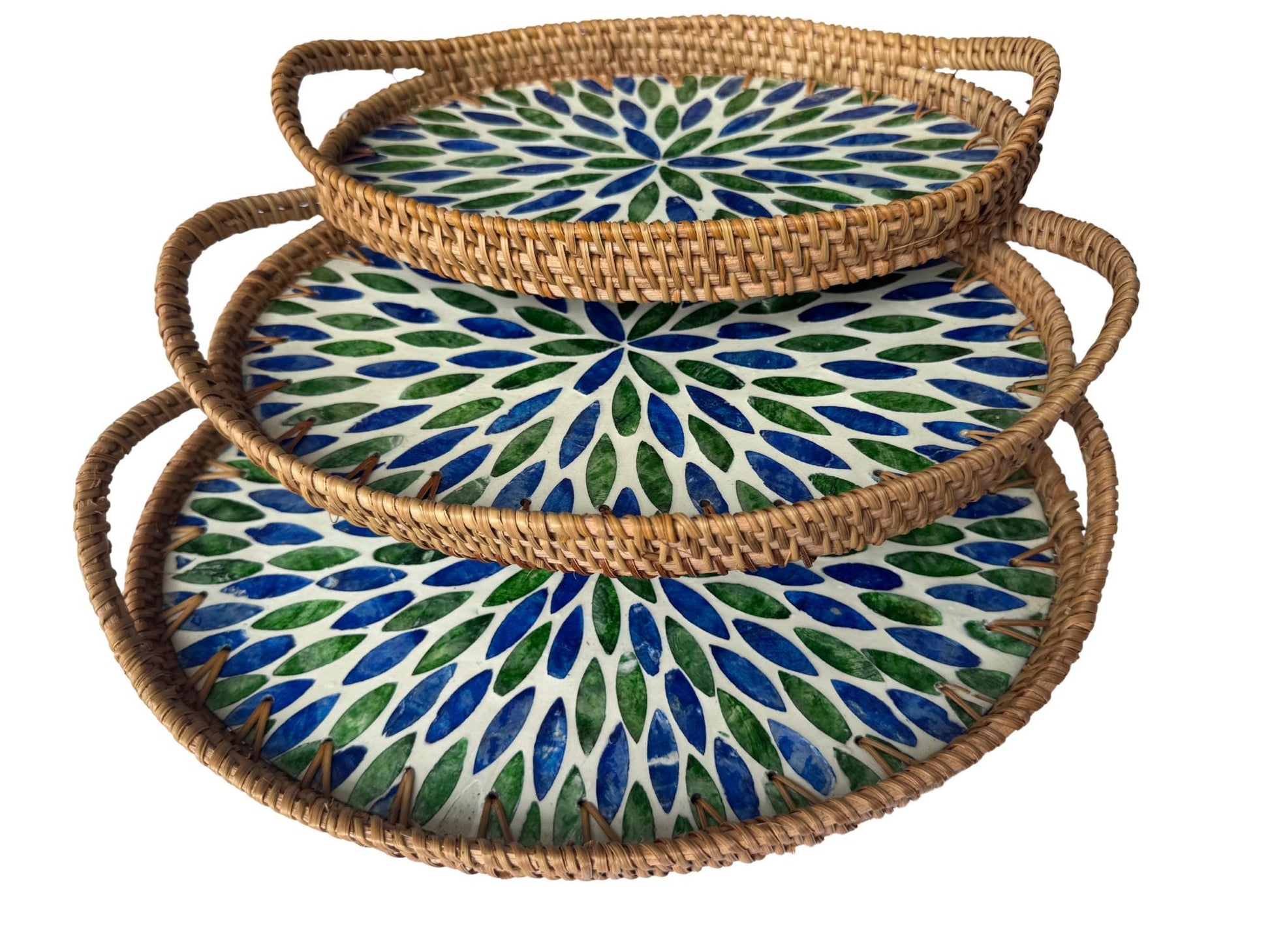 Oval Rattan Tray with Handles and Mother of Pearl Inlay Base, Handmade Woven Serving Tray, Boho Home Decor, Handmade Vietnam