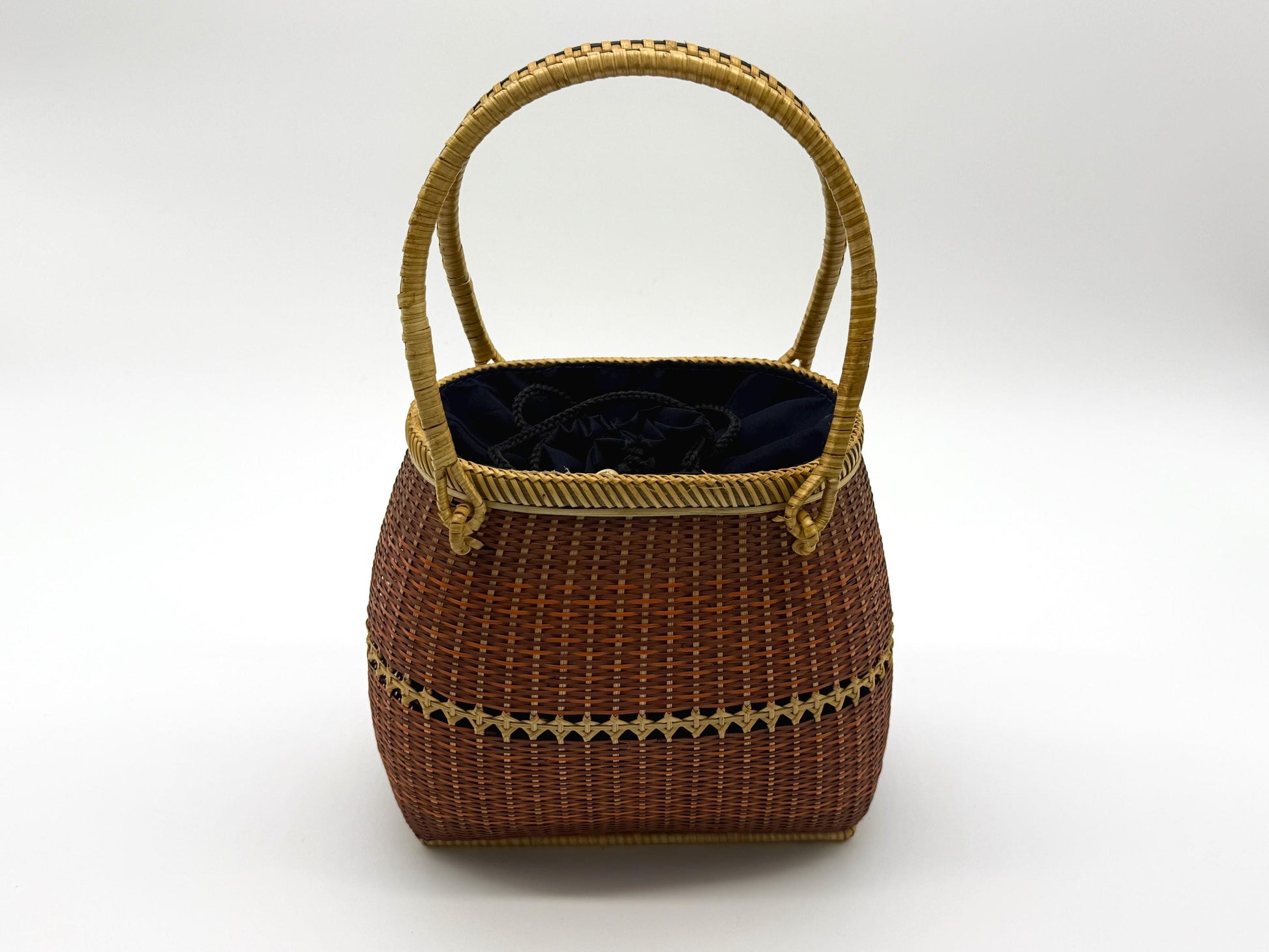 Small Bamboo Basket Handbag, Handmade Rattan Purse with Fabric Lining, Woven Summer Tote Bag, Boho Shoulder Bag, 7.1x3.5x12.2in
