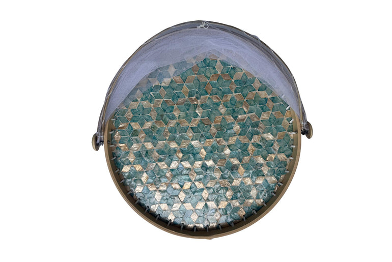 Round Bamboo Food Cover with Mother of Pearl Base 40cm – Handwoven Mesh Food Tent for Elegant Table Setting