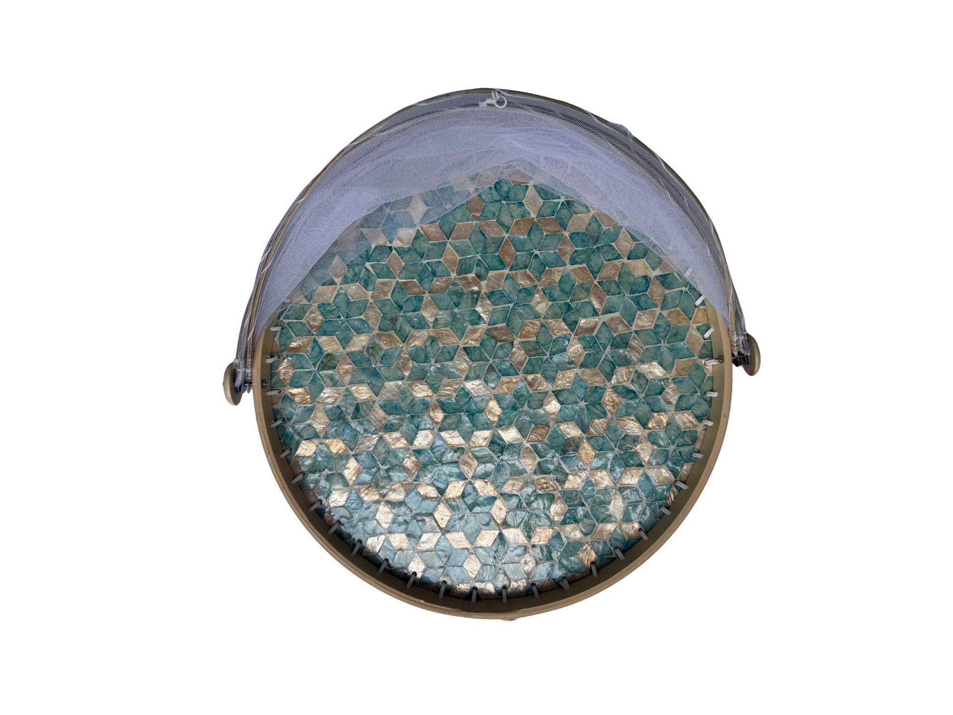 Round Bamboo Food Cover with Mother of Pearl Base 40cm – Handwoven Mesh Food Tent for Elegant Table Setting