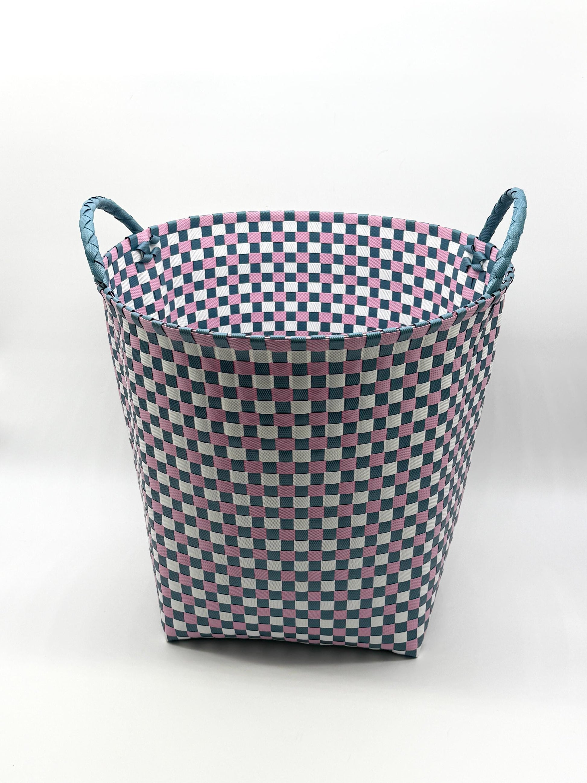 Round Woven Plastic Basket with Handles, Handmade Laundry Hamper, Multi Color Storage Bin for Toys Blankets Bathroom