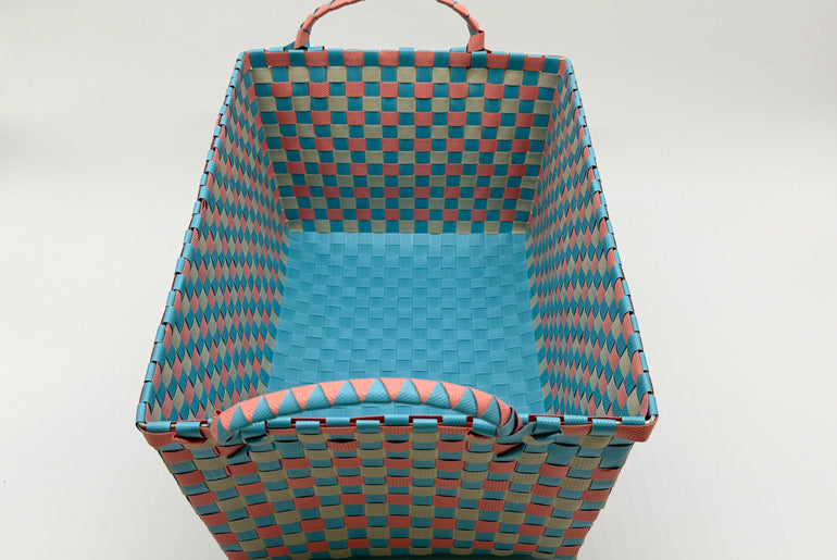 Handwoven Plastic Storage Basket with Handles, Woven Organizer Bin, Multi Size Basket for Toy Laundry Bathroom Nursery Storage